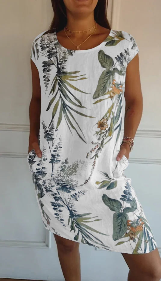 Women's Linen-Look Printed Summer Dress with Pockets