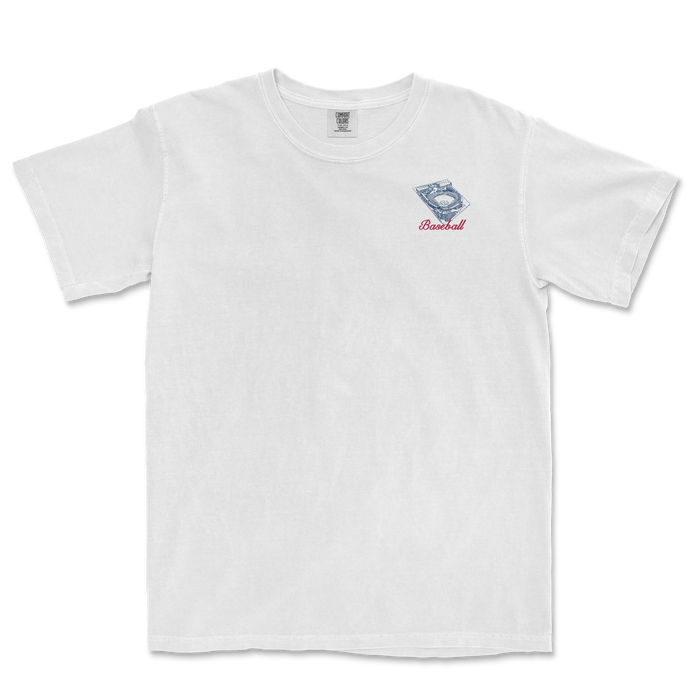 White t-shirt featuring a baseball graphic and "Baseball" text, celebrating America's pastime in a stylish design.