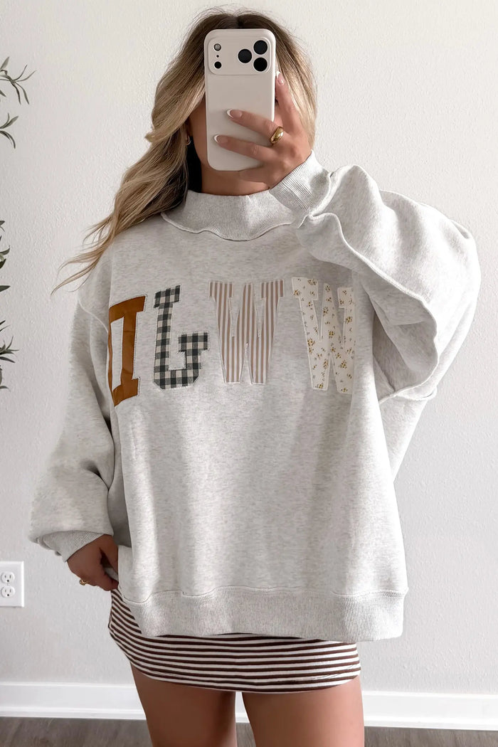 WWJD Mixed Pattern Embroidered Patch Graphic Mock Neck Sweatshirt – Gray