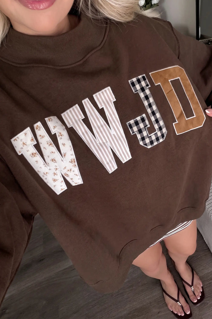 WWJD Mixed Pattern Embroidered Patch Graphic Mock Neck Sweatshirt – Gray