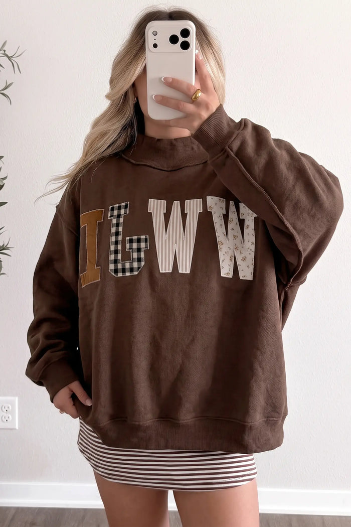 WWJD Mixed Pattern Embroidered Patch Graphic Mock Neck Sweatshirt – Gray