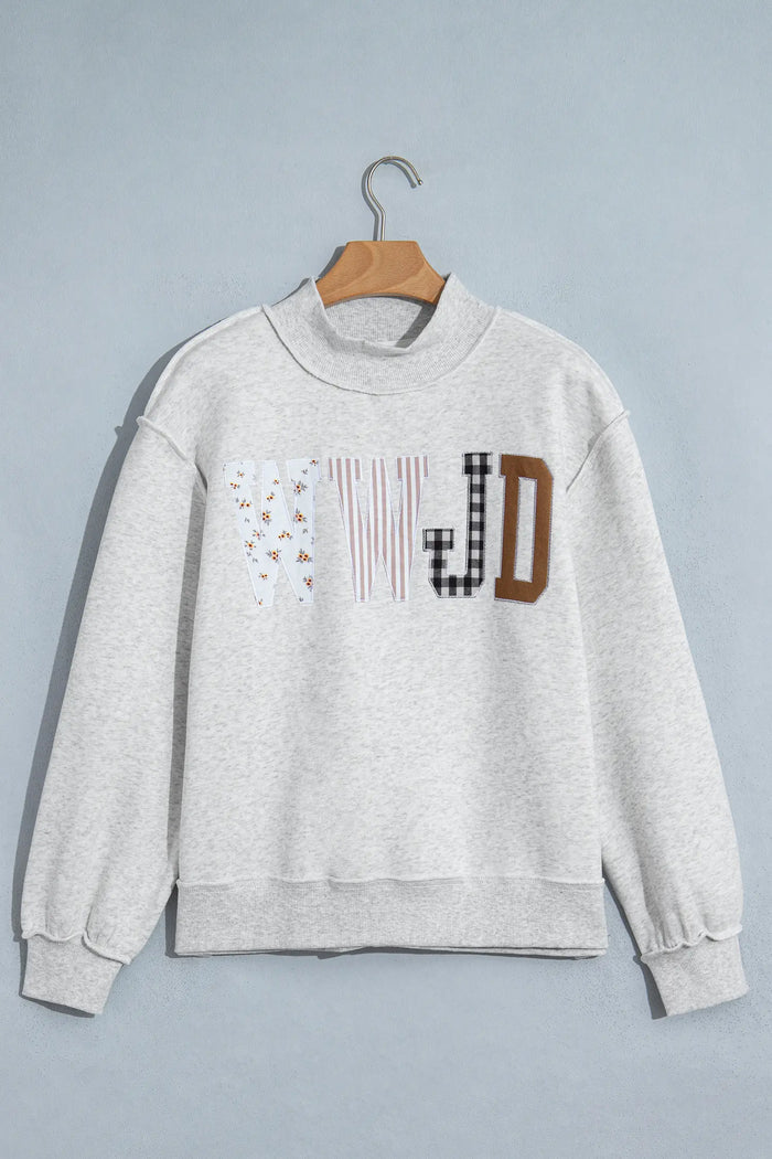 WWJD Mixed Pattern Embroidered Patch Graphic Mock Neck Sweatshirt – Gray