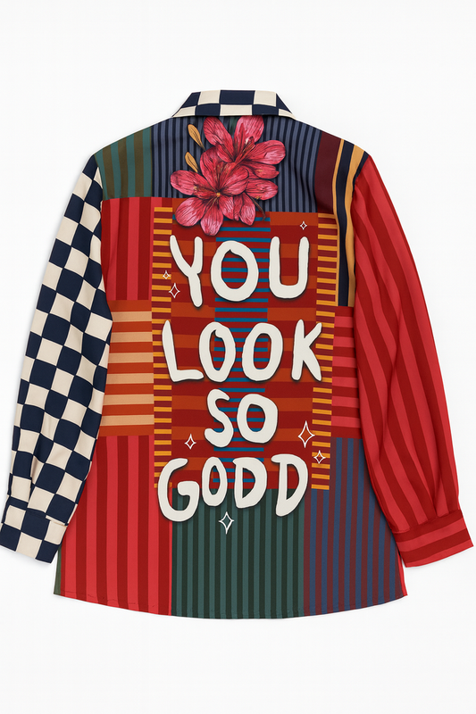 Women's Italian-inspired multi print statement blazer with a checkerboard sleeve, bold stripe panels, floral back motif, and large graphic text detail.