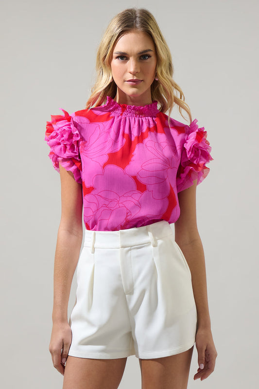 Zalea Floral Brenna Mock Neck Ruffle Blouse