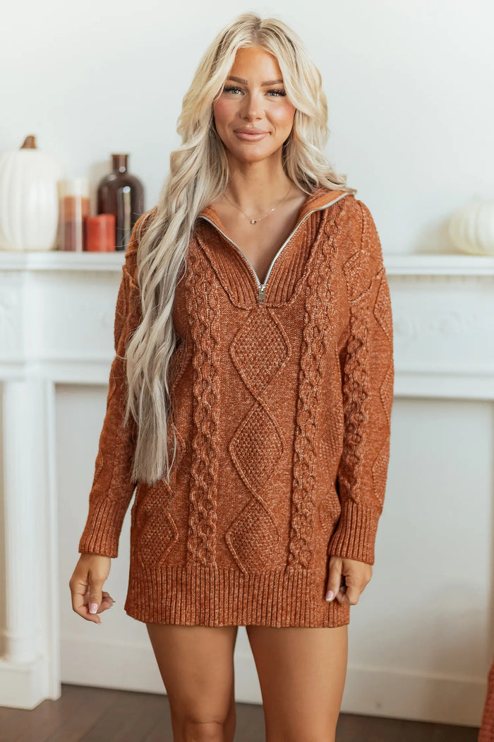 Zip-Up Cable Knit Drop Shoulder Sweater Dress – Clay