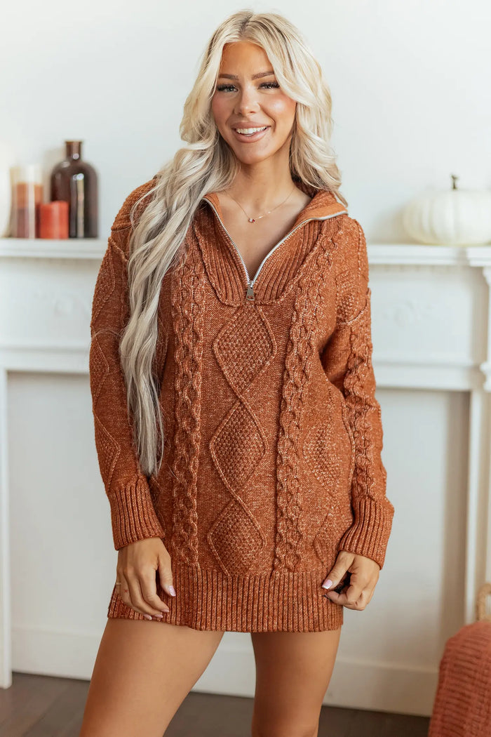 Zip-Up Cable Knit Drop Shoulder Sweater Dress – Clay