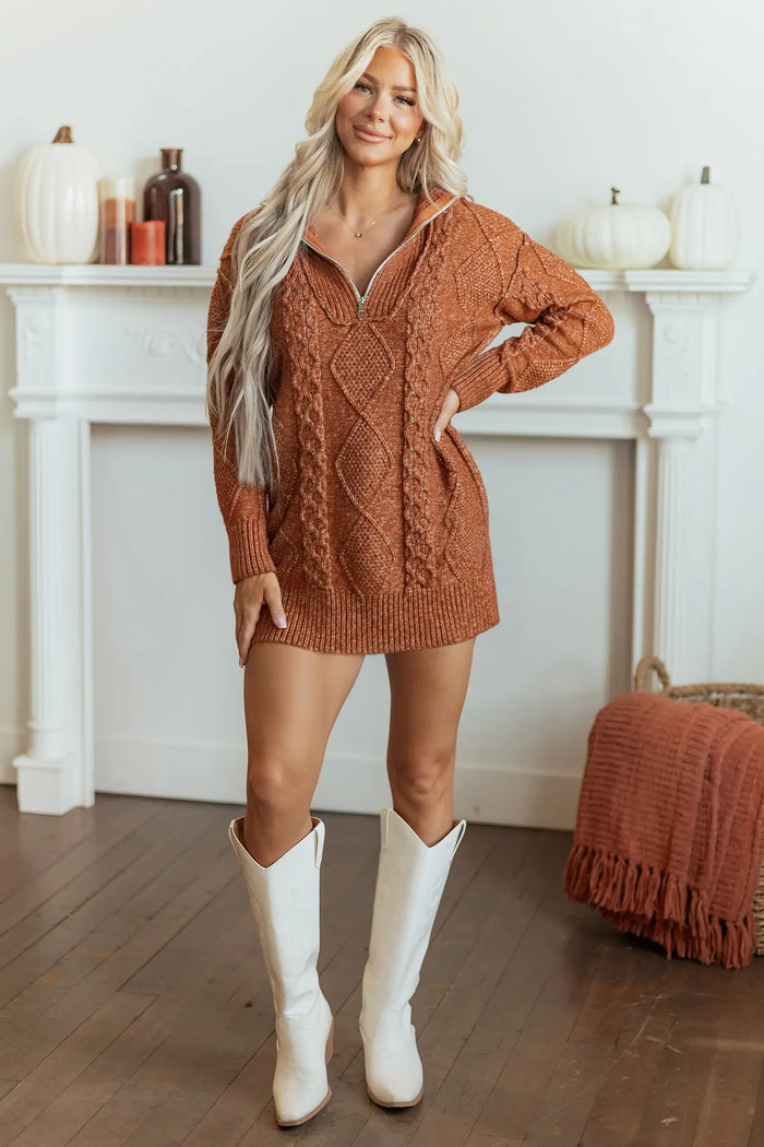 Zip-Up Cable Knit Drop Shoulder Sweater Dress – Clay