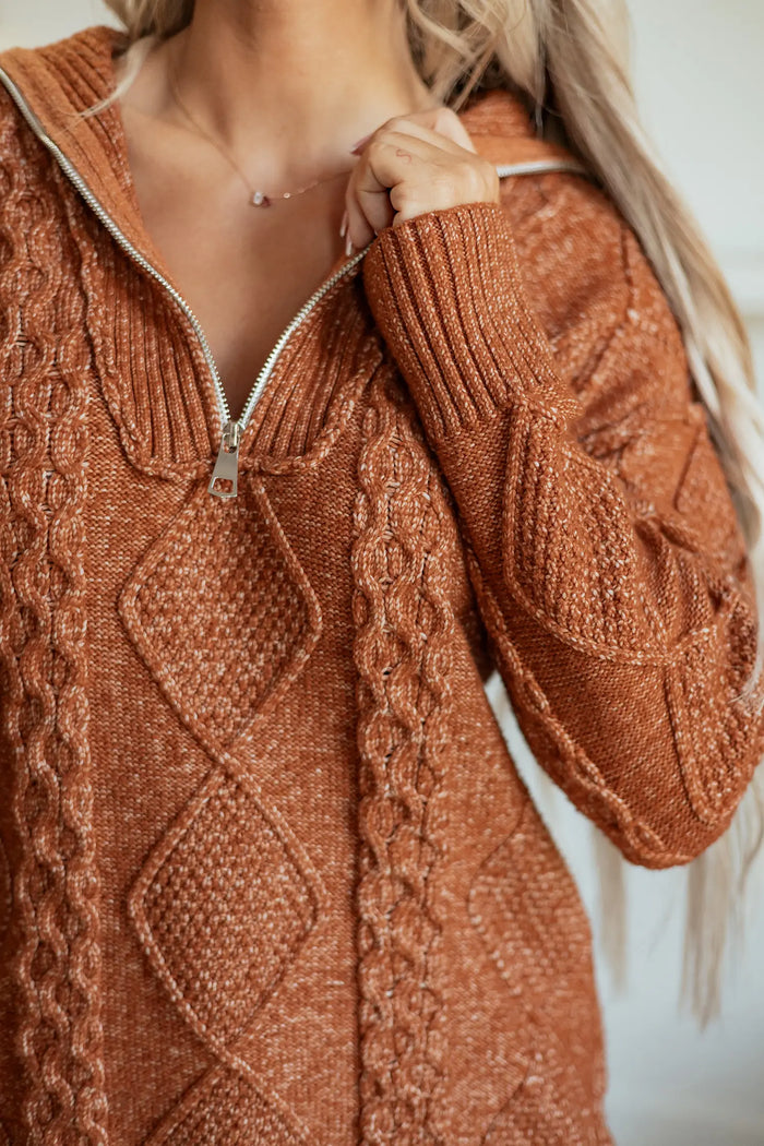 Zip-Up Cable Knit Drop Shoulder Sweater Dress – Clay